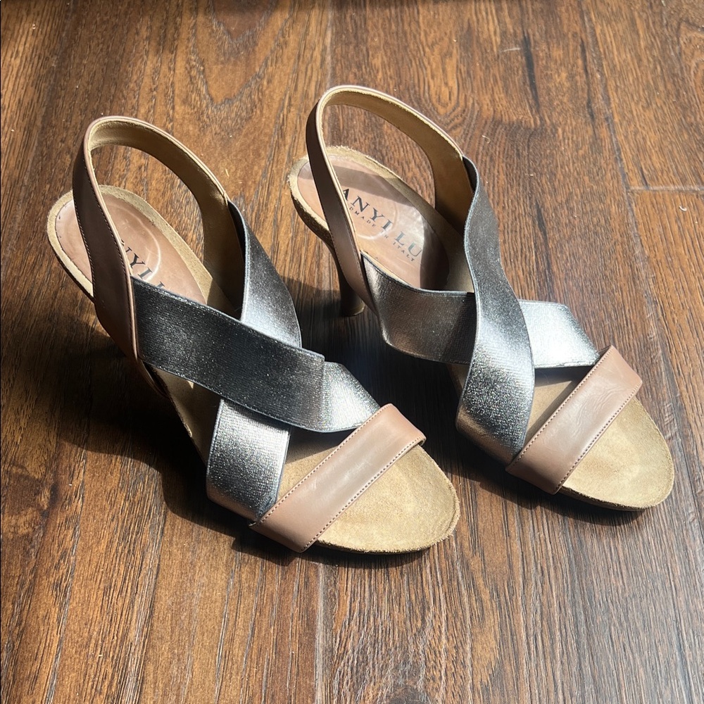Anyi Lu Silver and Tan Heeled Sandals